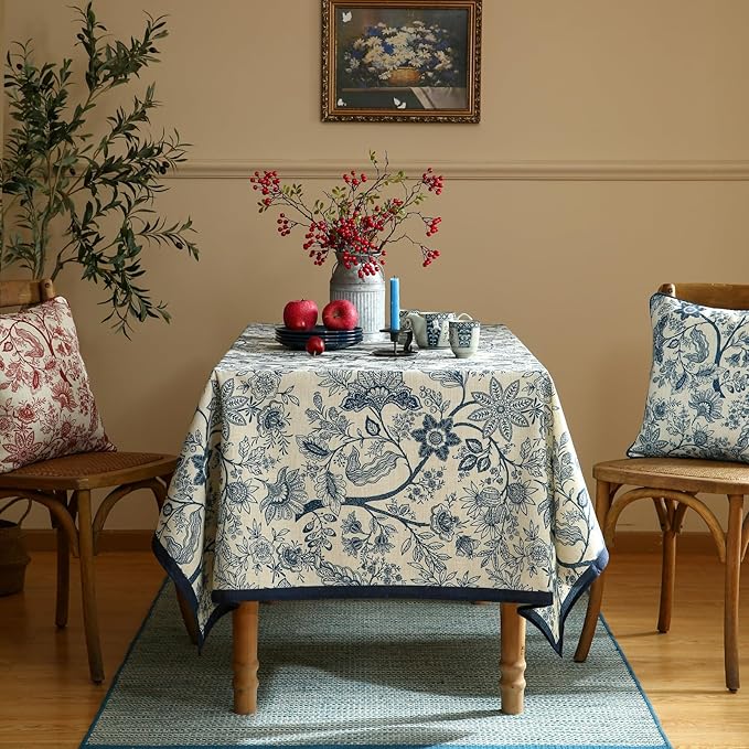 ISAENNE Designer French Linen Tablecloth Rectangular,Blue Floral Washable Indoor Table Cloth,Durable Home Decor Tablecloths for Dining Thanksgiving Kitchen Party Christmas,55"*87"-Ruyi B