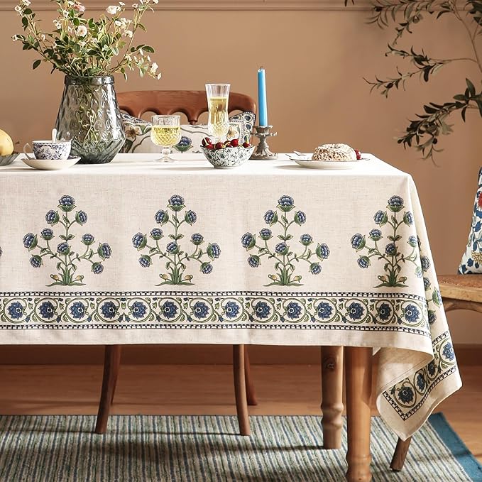 patdrea Designer Linen Vintage Blue Rectangle Tablecloth,Leaves Pattern Durable Floral Table Cloth,French Table Cover Cloth Decor for Kitchen Dining,Christmas,Thanksgiving,Party,55"x79"-Ivar B