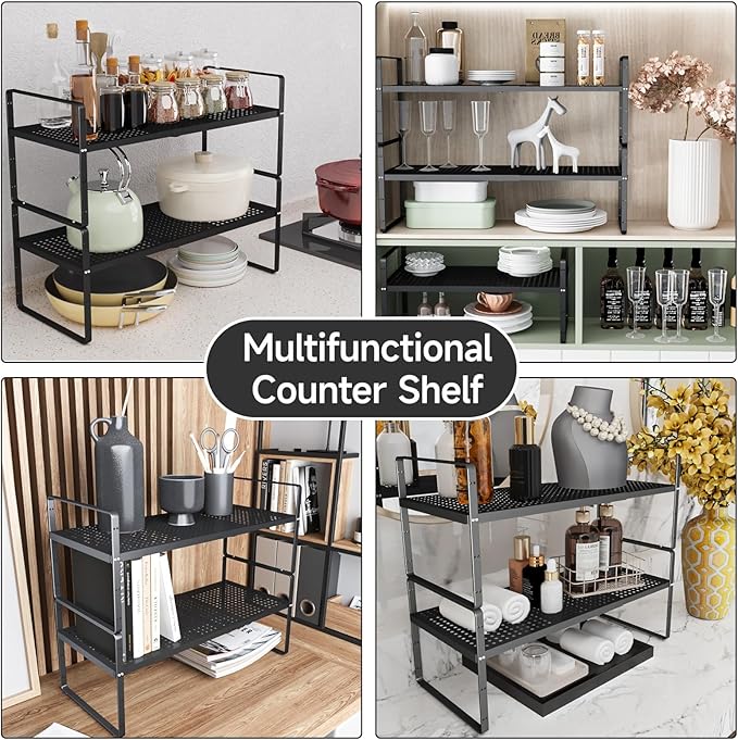 Expandable Cabinet Shelf Organizers, Stackable Metal Shelves Extender for Kitchen Countertop Storage, Adjustable Spices Shelves Rack Stand for Cupboard Pantry, Black