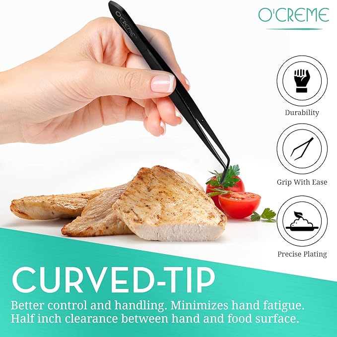 O'Creme Black Stainless Steel Precision Kitchen Culinary Fine-Tip Tweezer Tongs, 1 Curved and 1 Straight