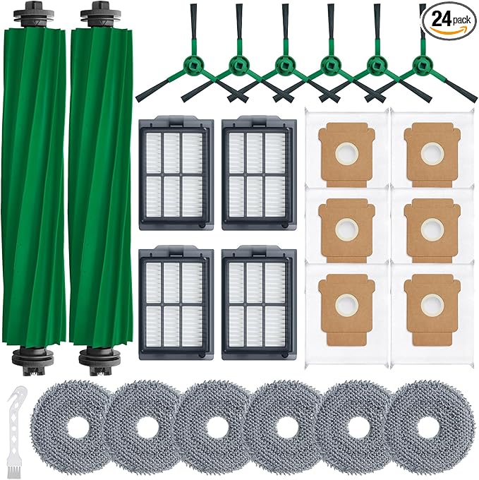 Plus 405 Combo Replacement Parts for Roomba Plus 405 Combo Plus 505 Combo Robot Vacuum Cleaner Parts with 2 Roller Brush, 4 HEAP, 6 Mops, 6 Dust Bags, 6 Side Brushes, 1 Clean Brush