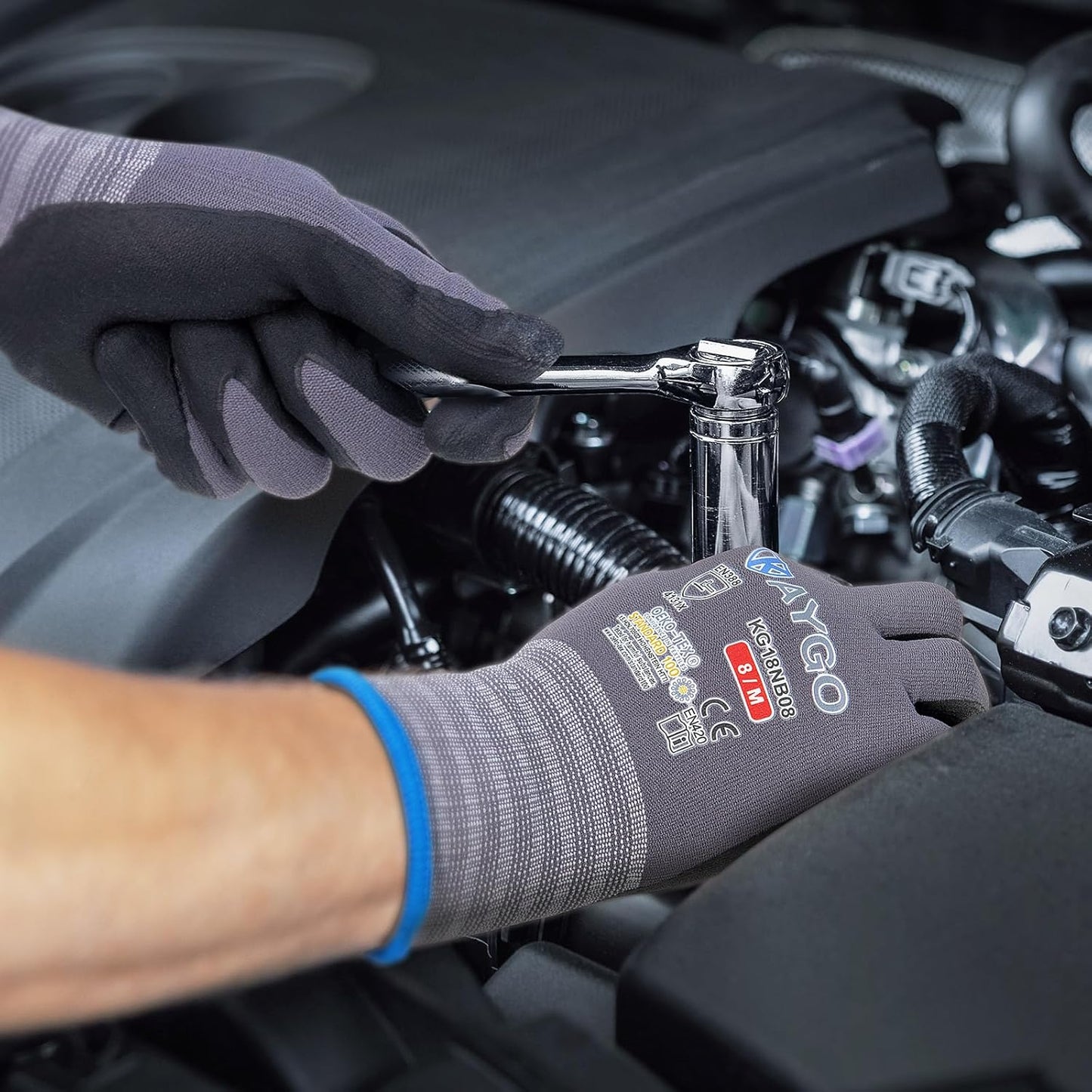 KAYGO Safety Work Gloves MicroFoam Nitrile Coated-3 Pairs, KG18NB,Seamless Knit Nylon Glove with Black Micro-Foam Nitrile Grip,Ideal for General Purpose,Automotive,Home Improvement,Red large