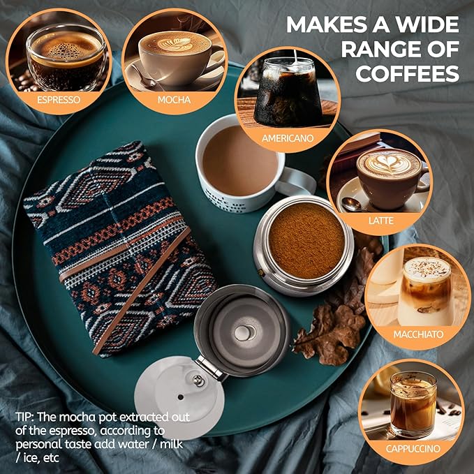 2 Cup 100ml Moka Pot Stainless Steel Espresso Coffee Maker Stovetop Coffeemaker Italian Classic Style Brewing Greca Cafe Mocha Machine for Cafeteras Lover Camping Travel and Home Use 3.3oz