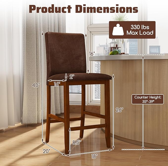 COSTWAY Upholstered Counter Height Bar Stools Set of 2, 26'' Wooden Kitchen Island Chairs with Padded Fabric Seat, Mid Century Modern Barstools with Backs for Dining Room & Pub, Walnut