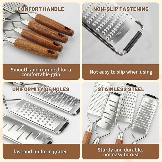 SHIKORI Stainless Steel Cheese Grater with Natural Wood Handle for Parmesan Cheese Lemon, Ginger, Cheese, Nutmeg, Potato, Chocolate and Garlic, With Protective Cover-Filaments