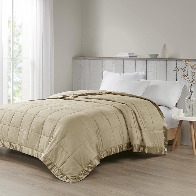 Madison Park Cambria Down Alternative Blanket, Premium 3M Scotchgard Moisture Wicking Treatment, Lightweight and Soft Bed Cover For Summer with Satin Trim, Oversized Twin Taupe