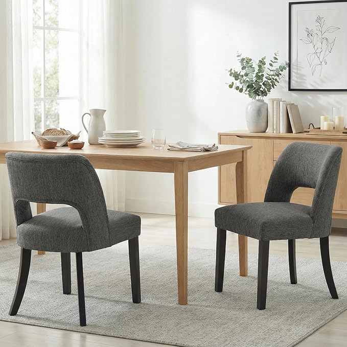 keoni Wooden Dining Chairs Set of 4, Mid Century Modern Upholstered Dining Room Chairs with Black Wood Legs, Fabric Farmhouse Kitchen Chairs with Foot Pegs for Dining Room, Dark Gray