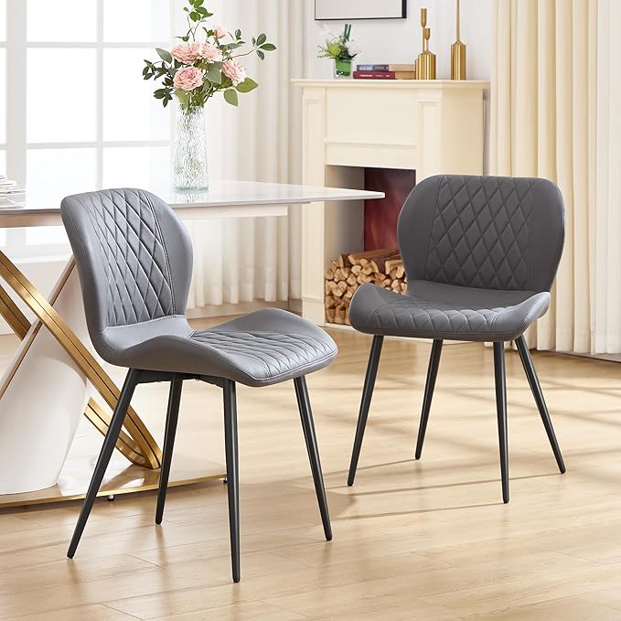 Dining Chairs Set of 2, Comfy Modern Dining Chairs with Thick Cushions, Upholstered Fabric Kitchen Side Chairs with Adjustable Metal Legs for Dining Room (Dark Grey)