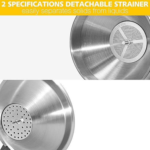 Anaeat Stainless Steel Kitchen Funnel, Multi-Use Premium Metal Food Grade Cooking Funnels with 2 Removable Strainer Filter for Transferring Liquid or Dry ingredients, Oils & 1 Pc Cleaning Brush (5.7")
