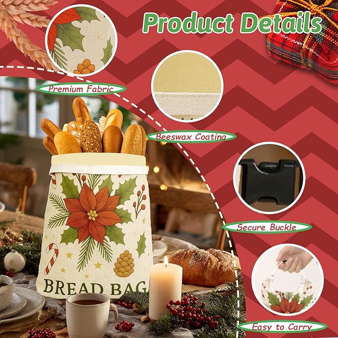 5PCS Christmas Beeswax Bread Bags Set – 2 Reusable Bread Bags + 3 Wax Paper Sheets,Eco-Friendly Beeswax Wraps for Food,Homemade Sourdough,Cheese,Snacks & Fruit,Holiday Gift for Bakers Kitchen Lovers