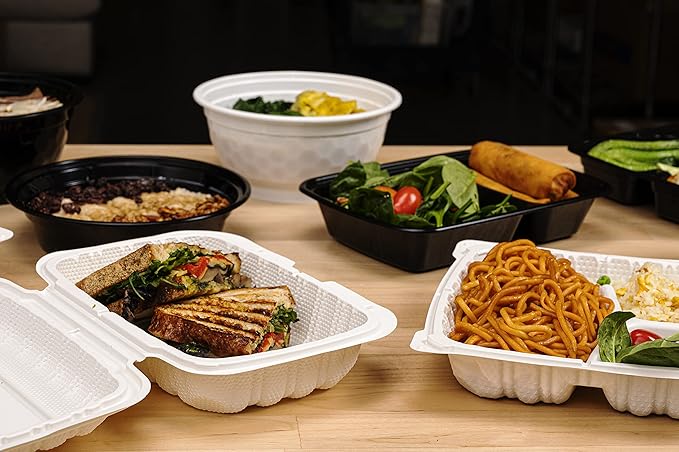 TIYA Clamshell Food Containers - White Bulk 150 Pack, 8x8 in - 3-Compartment To-Go Containers - Microwavable Plastic with Hinged Lid - Great for Meal Prep - BPA-Free