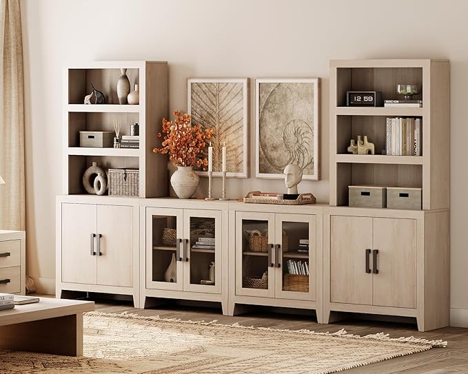 WAMPAT Entertainment Center with Bookshelves, 4-Piece Modular TV Stand with Storage Towers, Farmhouse Media Console with Glass Doors for Living Room, Bedroom, Beige