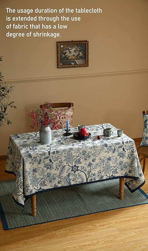 ISAENNE Designer French Linen Small Square Tablecloth,Blue Floral Washable Indoor Table Cloth,Durable Home Decor Tablecloths for Dining Thanksgiving Kitchen Tea Party Christmas,55"*55"-Ruyi B