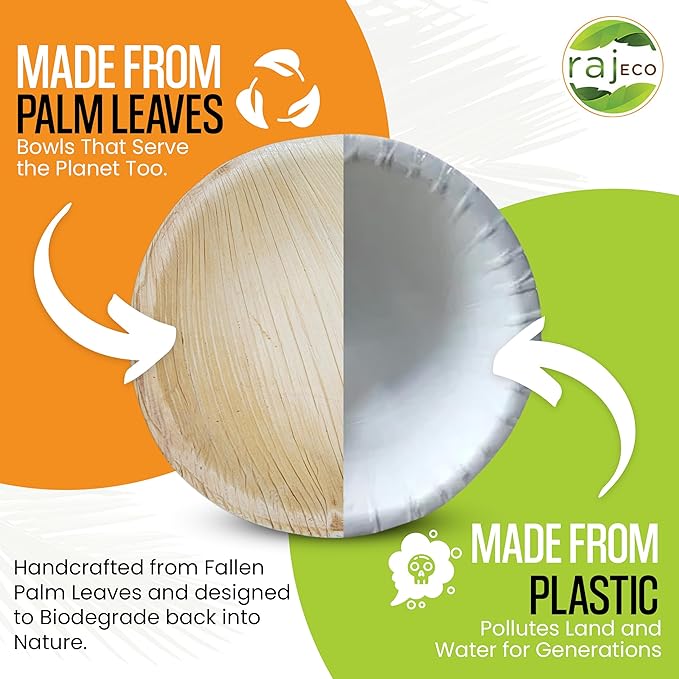 Raj Disposable Palm Leaf Bulk Bowls (200 Count, 4" Bowls) Strong Bowl Like Bamboo Party Bowl - Decorative Compostable Tableware for Lunch, Dinner, Birthday, Outdoor, BBQ, Picnic, Parties