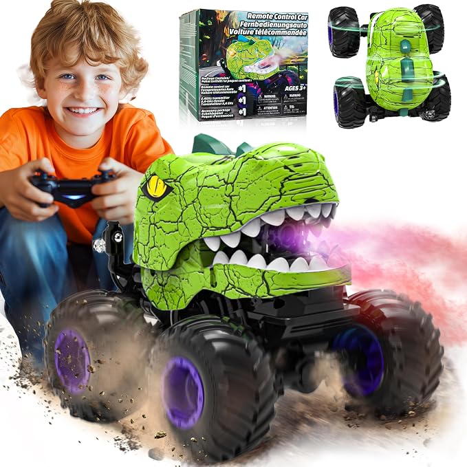 BEZGAR Monster Truck Toys - Remote Control Monster Truck with Spray, Light, Music, Dinosaur Toys for Kids, 1:20 Scale RC Truck with 360° Spins and Drifting, Remote Control Car for Boys 4-7 Green