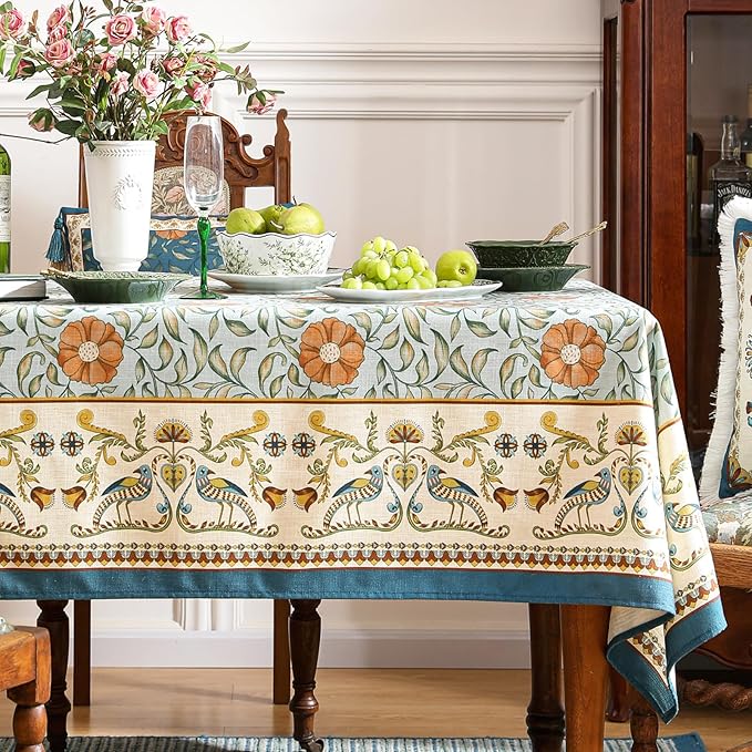 patdrea Designer French Linen Blue Tablecloth for Rectangle Table,Vintage Floral Table Cloth,Colorful Decoration Fall Cover Kitchen Dining for Thanksgiving,Tea Party,Christmas,67"x118"-Wensel