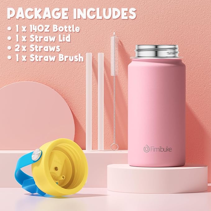 Fimibuke Kids Insulated Water Bottle, 14oz BPA FREE 18/8 Stainless Steel Travel Tumbler Double Wall Vacuum Leak Proof Kids Cup with Straw Metal Water Bottle for School Boys Girls(1 Pack, Blush)