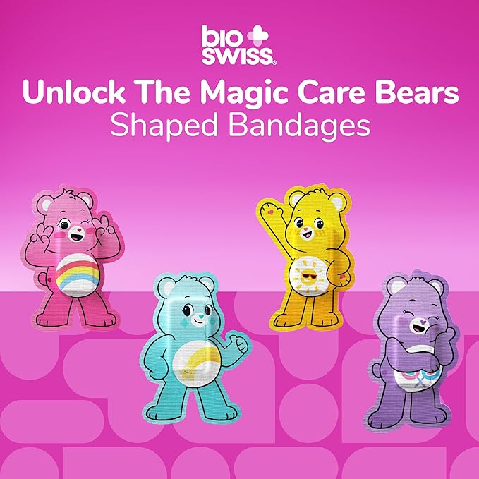 BioSwiss Care Bears Bandages, Unlock The Magic Care Bear Shaped Self Adhesive Bandage, Latex Free Sterile Wound Care, Fun First Aid Kit Supplies for Kids, 100 Count
