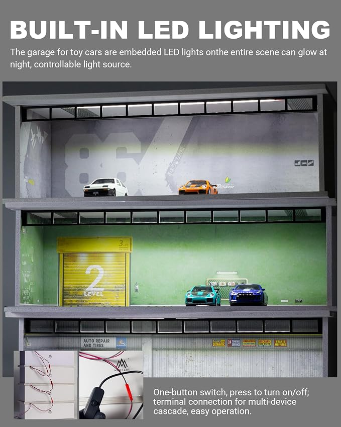 1/64 Scale Display Case Car Garage Moldel, Acrylic Cover Diecast Car Show Case with LED Light 6 Parking Spaces, Hot diecast Wheel Parking Scene (Vehicles Not Included) 86 Graffiti