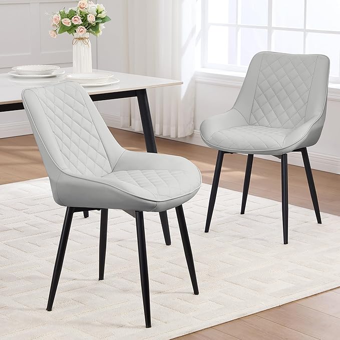 Dining Chair Set of 2, Modern Dining Chairs with Thick Cushions, Faux Leather Upholstered Kitchen Dining Room Chairs with Metal Adjustable Legs for Dining Living Room, Light Grey