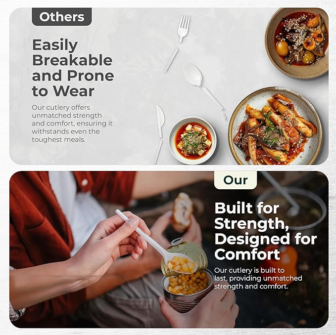 100% Compostable cutlery knives forks spoons Large Disposable Biodegradable Compostable Utensils Durable HeavyDuty Silverware heat resistant alternative to plastic with convenient tray 7inch (400)
