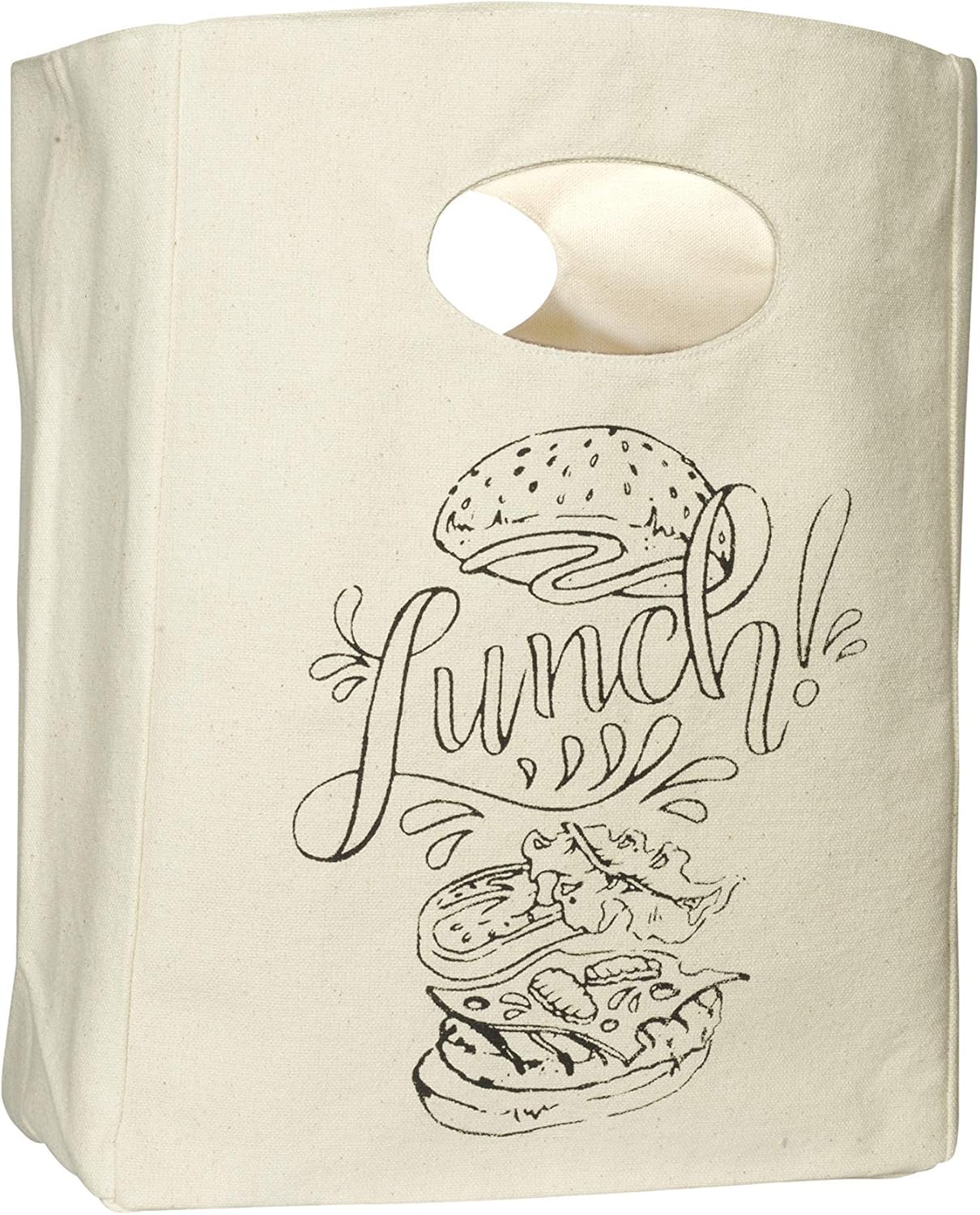 Organic Cotton Canvas Lunch Bag - Reusable & Machine Washable Lunch Tote - Organic Snack Tote - Unisex Lunch Bag for Men, Women & Kids - Easy to Clean (White with Black Print)