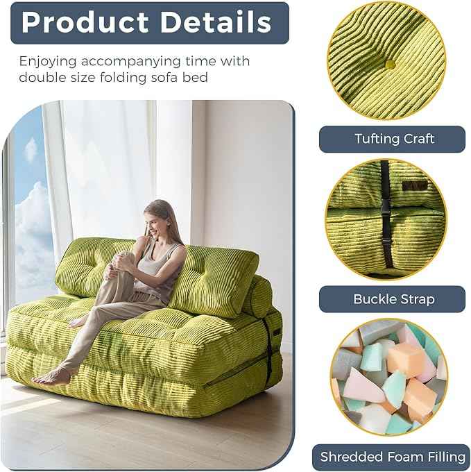 MAXYOYO Folding Sofa Bed, Convertible Sleeper Chair with Pilow Foldable Matress with Back Support, Portable Fold Out Chair Bed for Living Room Bedroom, Green Double