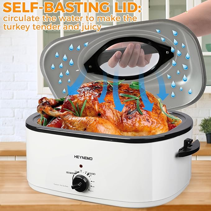 Roaster Oven 22Qt, 1450W Electric Turkey Roaster Oven Buffet with Self-Basting Lid, Cool-Touch Handles, Removable Pan and Rack, Stainless Steel, White