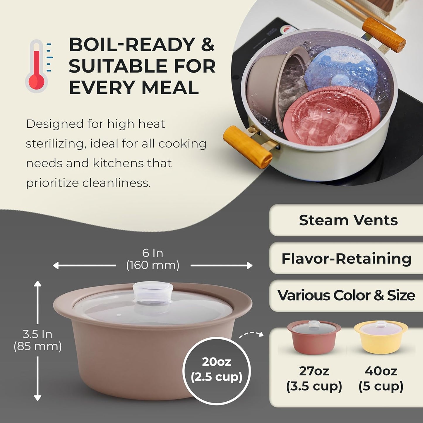 20oz Platinum Silicone Microwave Steamer Pot with Handle & Lid - Korea 100% Food-Grade Steamer Bowl, Heat-Resistant Cooker with Steam Holes, Easy Clean, Dishwasher Safe, Taupe Brown