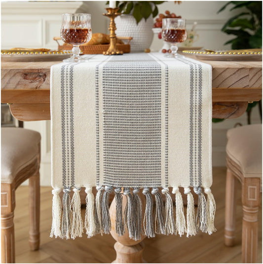 Caflife Boho Table Runner Grey Stripe for Modern Farmhouse Coffee Table Decor, Rustic Woven Runner with Handcrafted Tassels for Home Dining Table décor 13 x 72 Inch Long Visit The Store