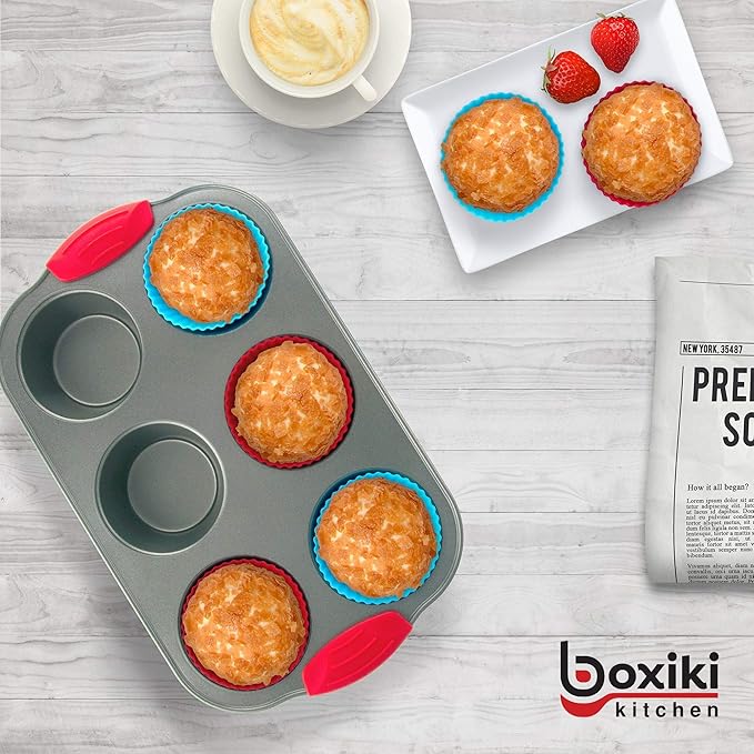 Boxiki Kitchen Premium Baking Set: Non-Stick Steel Jumbo 6 Cup Muffin Pan with Silicone Handles & Reusable Liners + Non-Stick Steel Banana Bread Pan with Easy-Grip Silicone Handles.