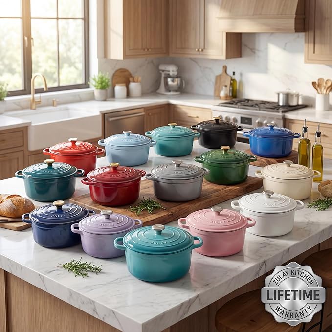 Zulay Kitchen 5 Quart Enameled Cast Iron Dutch Oven Pot with Lid – Premium Durability & Oven Safe up to 500°F – Heavy Duty Cookware Perfect for Bread Baking, Stews, Braising & Roasting – Ivory