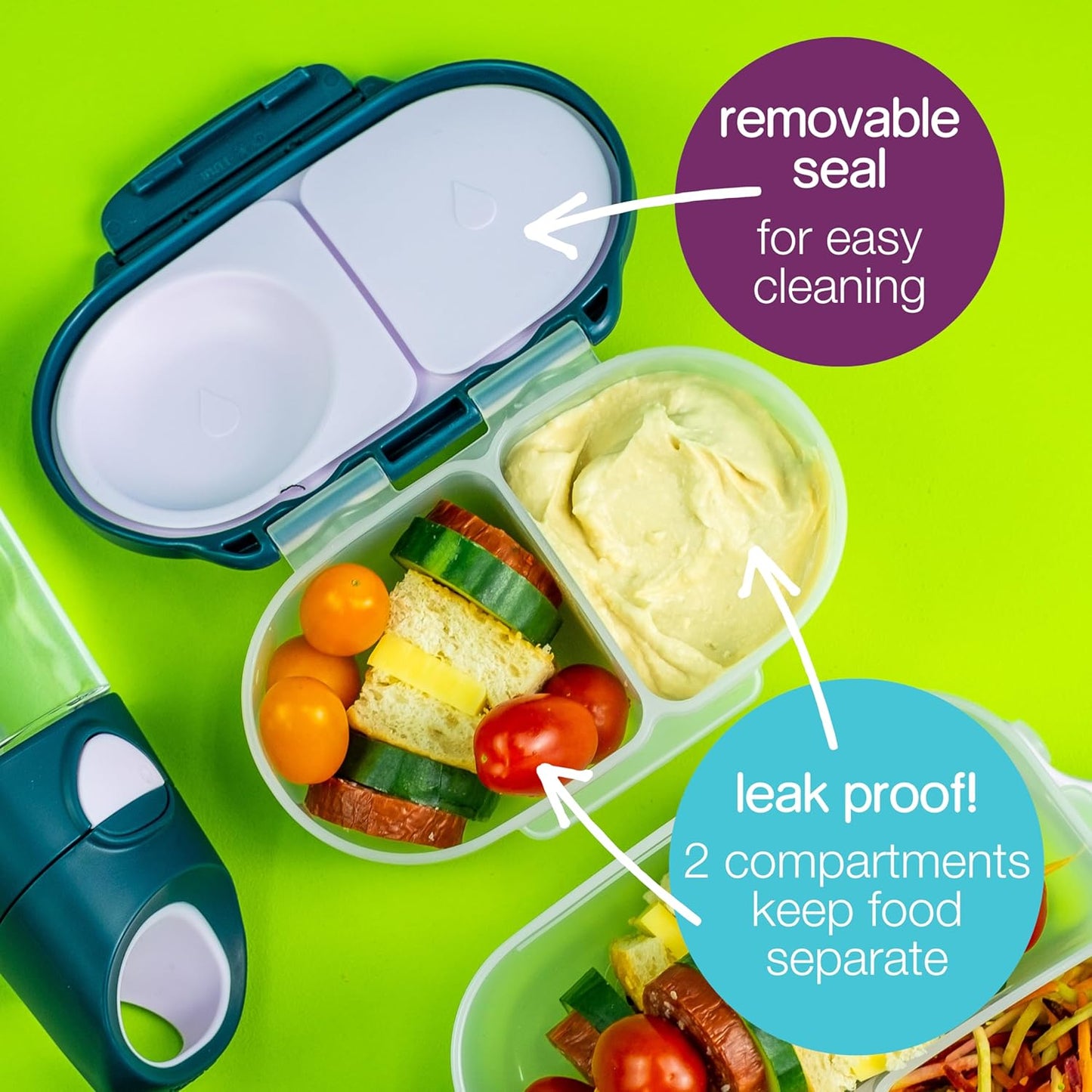 b.box Snack Box Reusable Snack Containers with Lids 2 compartments, Bento Box for kids and toddlers, Leakproof Lunch Box, BPA free and Dishwasher Safe Snack Container (Blue Slate, 1 3/4 Cup)