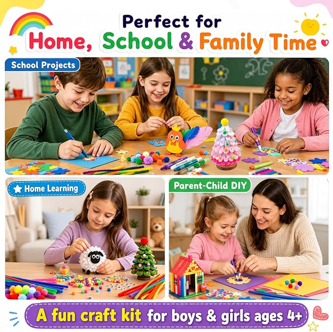 FUNZBO 2000Pcs+ Arts & Crafts Supplies Kits for Kids, DIY Craft Supplies for Toddlers Art Supply Tools Set Pipe Cleaners, Pom Poms and Feather, Birthday Gifts for Kid Girls Ages 4-8-12