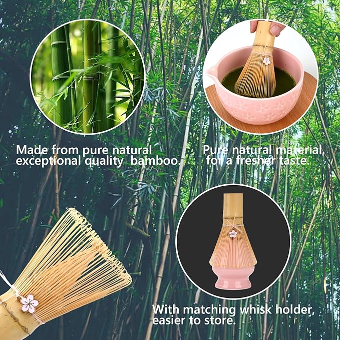 Matcha Whisk Set, Ceramic Matcha Set Includes Matcha Bowl, Bamboo Matcha Whisk and Holder, Bamboo Scoop, Scoop Holder, matcha sifter and Tea Towel - Matcha Kit for Matcha Lovers (Pink)
