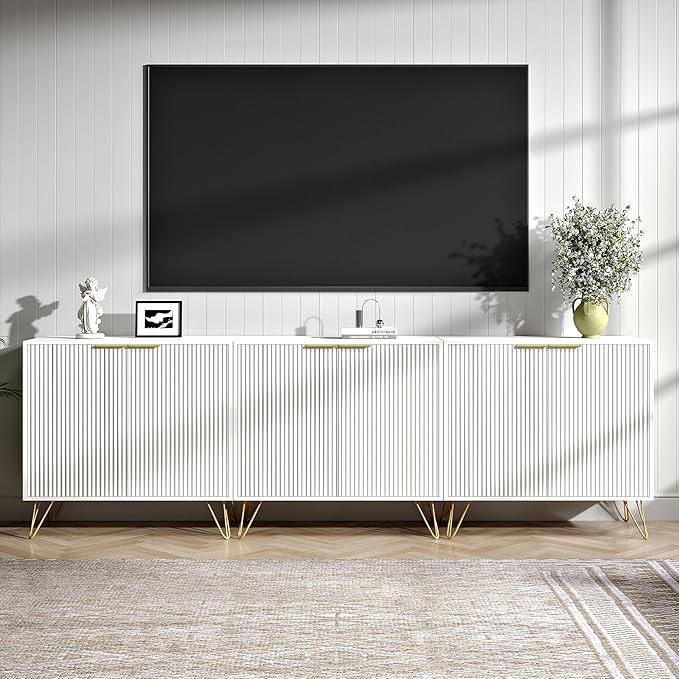 Fluted TV Stand for 90 Inch TV, Modern TV Stand Console, White Entertainment Center with 3 Storage Cabinets, Adjustable Shelves & Gold Handles, Wood Media Cabinet for Living Room
