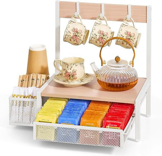DGWJSU Tea Bag Organizer, Wood Tea Organizer and Storage Cheast, Tea Bag Holder with Storage Drawer, 4 Hooks for Tea Cups Holder, Tea Station Chest Display Container Box for Countertop Kitchen (White)
