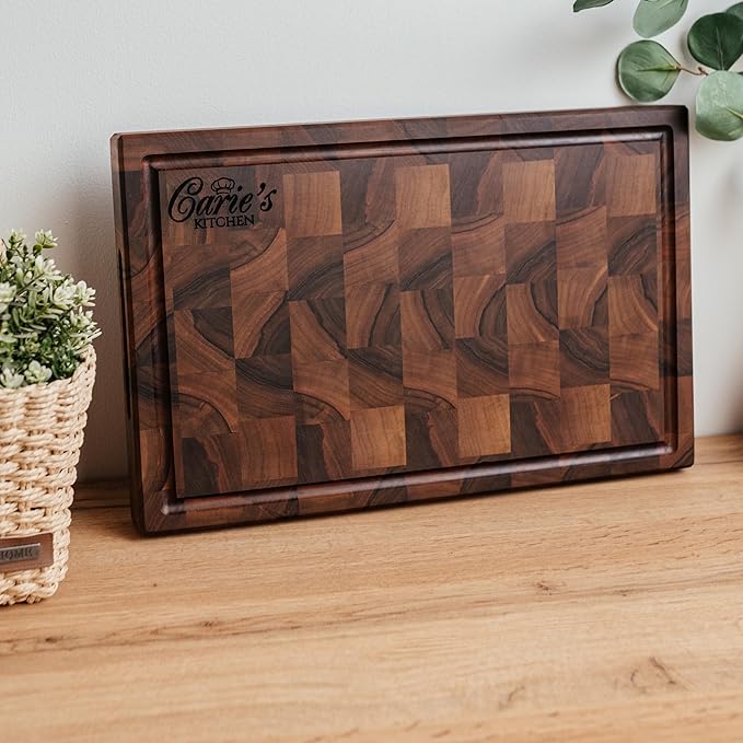 Handmade Personalized Walnut End Grain Cutting Board – Custom Engraved Wood Chopping Block, Gift for Home Chefs by GrainWoods (16x10x2 Inches)