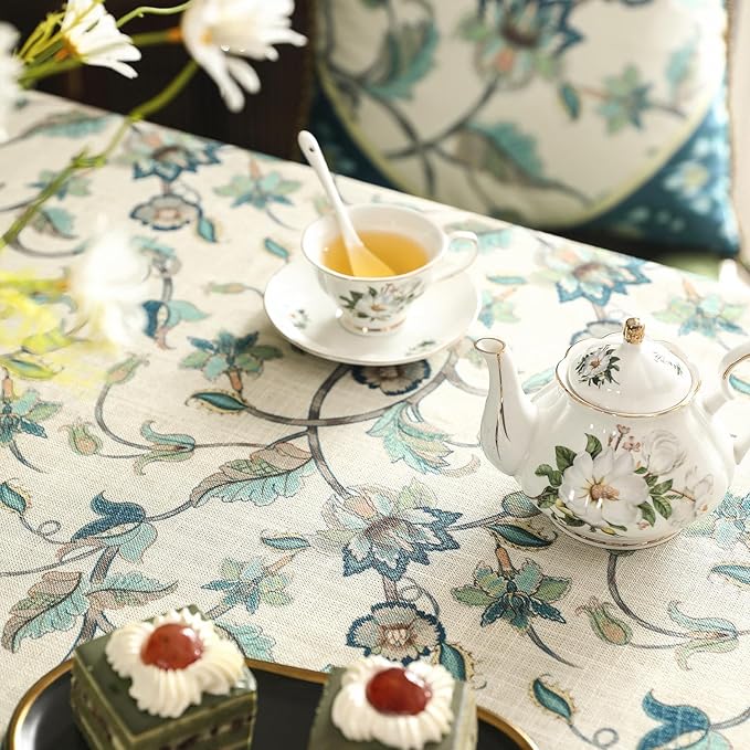 patdrea Designer Green Small Linen Table Cloth for Rectangle Table,Vintage Floral Pattern Durable Extra Long Tablecloth,French Decor for Kitchen Dining,Christmas,Thanksgiving,Party,67"x118"-Noah