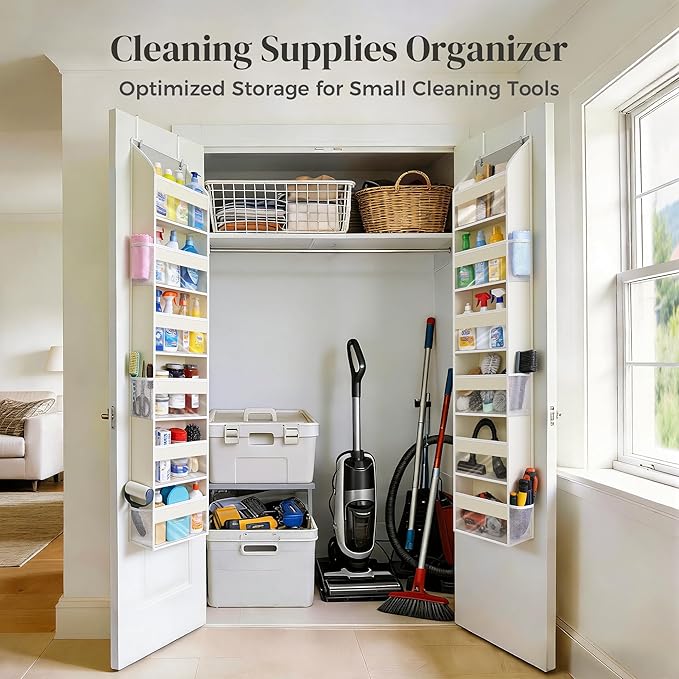 2-Pack Small 6 Tiers Over the Door Hanging Organizer, 6 Clear Pockets and 6 Mesh Pockets, 11.8” Wide for Narrow Cabinet Doors, French Doors in the Bathroom, Closet, RV