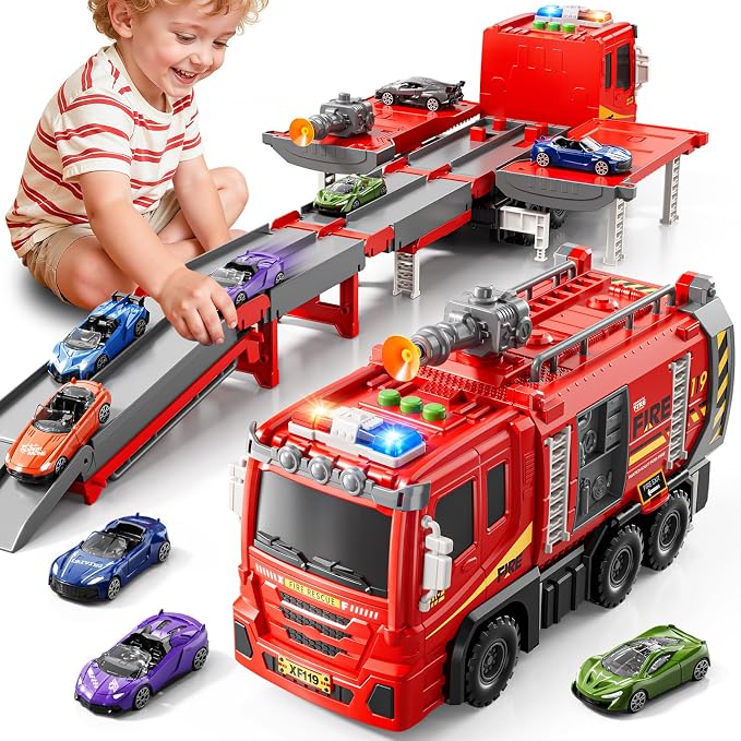 Fire Trucks Toys for Toddlers Ages 3-5, Folded Carrier Truck Race Track with with Lights & Sounds and 6 Racing Car Toys, Birthday Gift for 3 4 5 6 7 8 Years Old Boys Girls