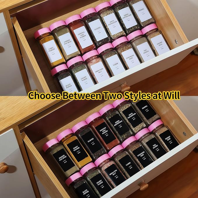 36 Glass Spice Jars with Label-4oz Spice Containers with Pink Lids and Shaker Lids,3 Sets of Spice Labels 1 Collapsible Funnel 2 Erasable Markers (36)