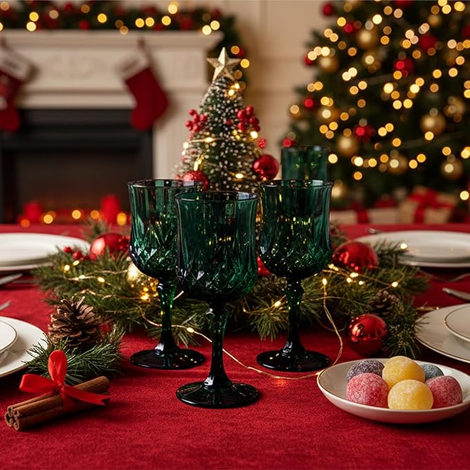 Plastic Wine Glasses, Plastic Goblets Vintage Style Cordial Unbreakable Drinking Glasses, Reusable Drinkware for Wedding Reception, Grand Event Party Supplies (48, Green)