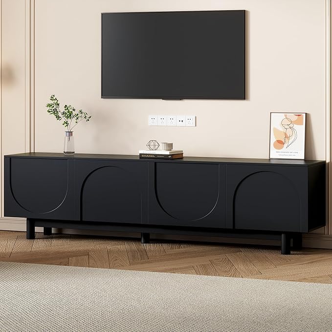 Ball & Cast Modern TV Stand with Arch Cabinets for TVs up to 78", Minimalist Entertainment Center w/Solid Wood Legs and Adjustable Shelves, Media Console for Living Room,Black