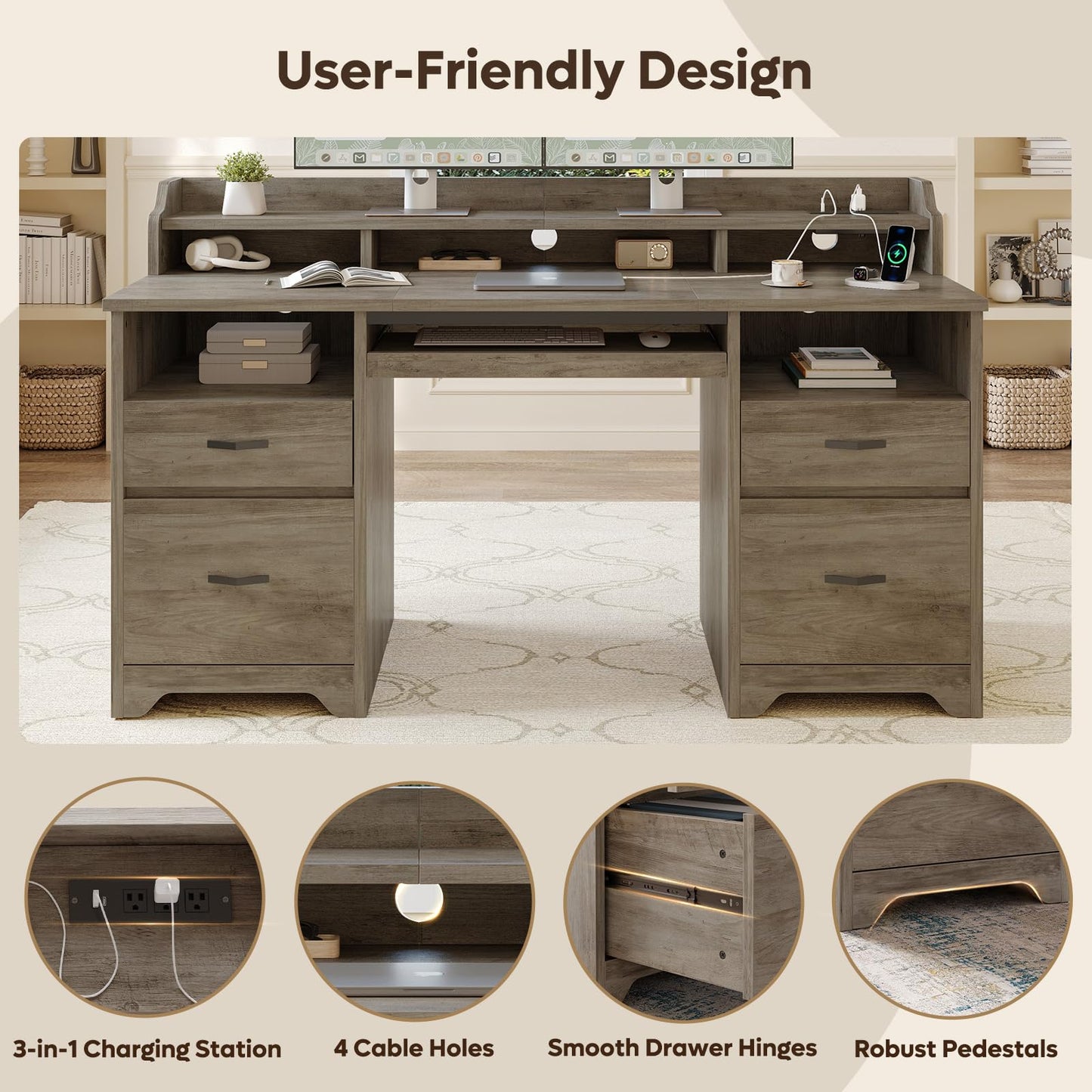 Bestier Farmhouse 59" Executive Desk with Drawers, Wood Computer Desk with Charging Station, Home Office Desk with Keyboard Tray & Monitor Stand, Sturdy Pedestal Desk for Work Study, Grey