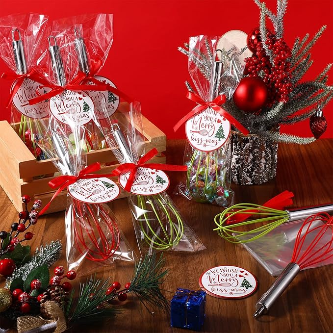 36 Sets 10 Inch Christmas Whisks Gifts DIY Fillable Christmas Tree Ornaments Xmas Colored Silicone Whisks for Cooking Heat Resistant Egg Beaters with Card Rope Bag for Candy Holder