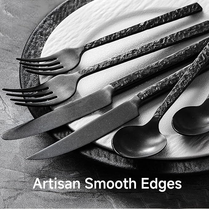 KINGSTONE 48 Pcs Black Hammered Silverware Set with Steak Knives for 8, 18/10 Stainless Steel Heavy Duty Flatware Set, Tableware Cutlery Utensil Sets for Home Restaurant Dishwasher Safe
