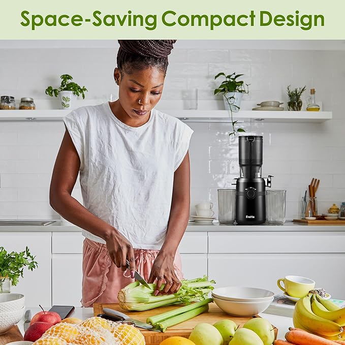 Juicer Machines,Fretta Compact Cold Press Juicer with PCTG Material from US,Fit Whole Fruits & Vegetables,BPA-Free, Easy to Clean (Pure Black, 1.0 L)