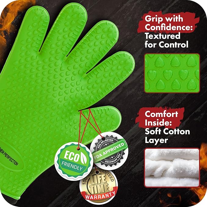 Kitchen perfection Silicone Smoker Oven Gloves -Extreme Heat Resistant BBQ Gloves -Handle Hot Food Right on Your Smoker Grill Fryer & Pit | Waterproof Oven Mitts |Superior Value Set+3 Bonuses