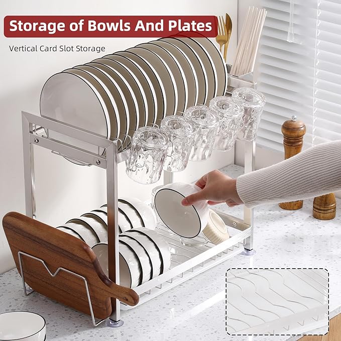 Dish Drying Rack, Double Layered countertop Kitchen Organizer with Drainage Large Bowl Rack and Storage Rack with Drainage Board (Silver Upgraded Version)